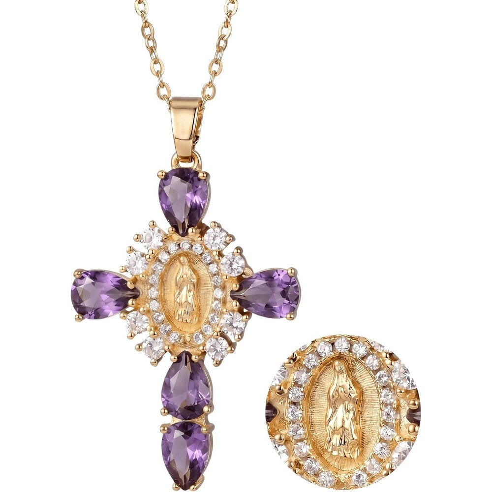 Purple Cubic Zirconia Virgin Mary Cross Pendant Necklace Gold Tone for Women